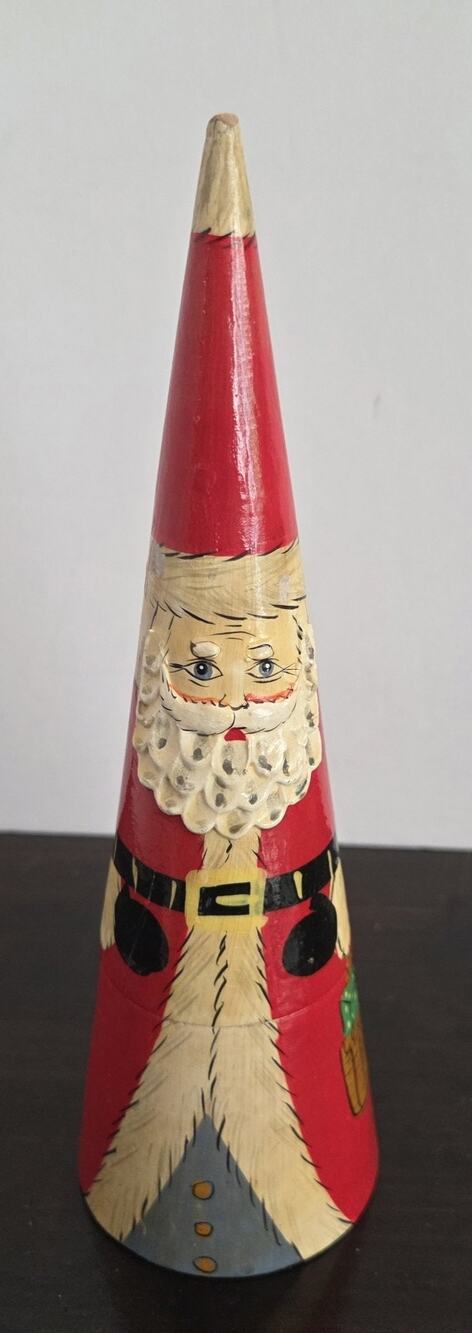 Vintage Nesting Santa Claus Dolls Cone Shape 2 Pc Wooden Carved 8"
